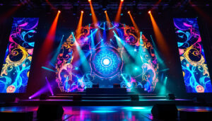 A photograph of a dynamic stage set featuring an impressive led display