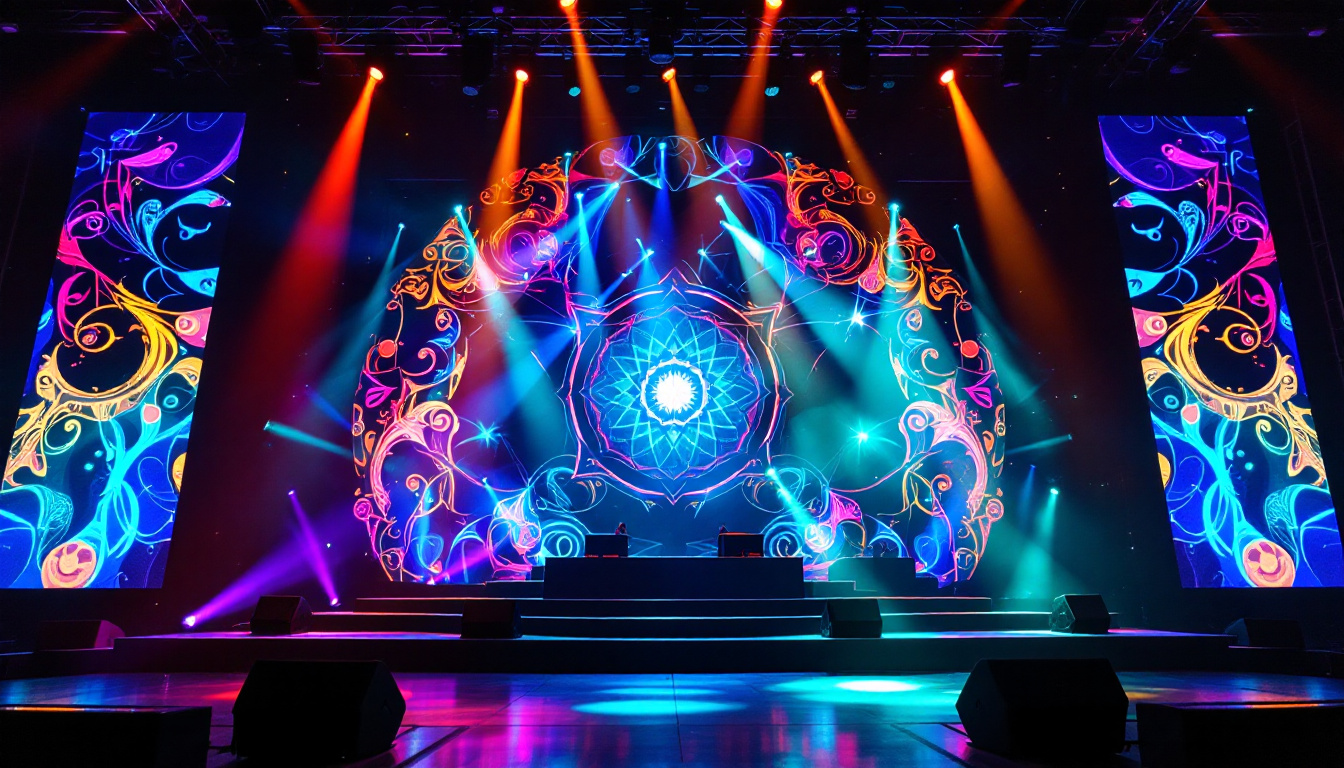 A photograph of a dynamic stage set featuring an impressive led display