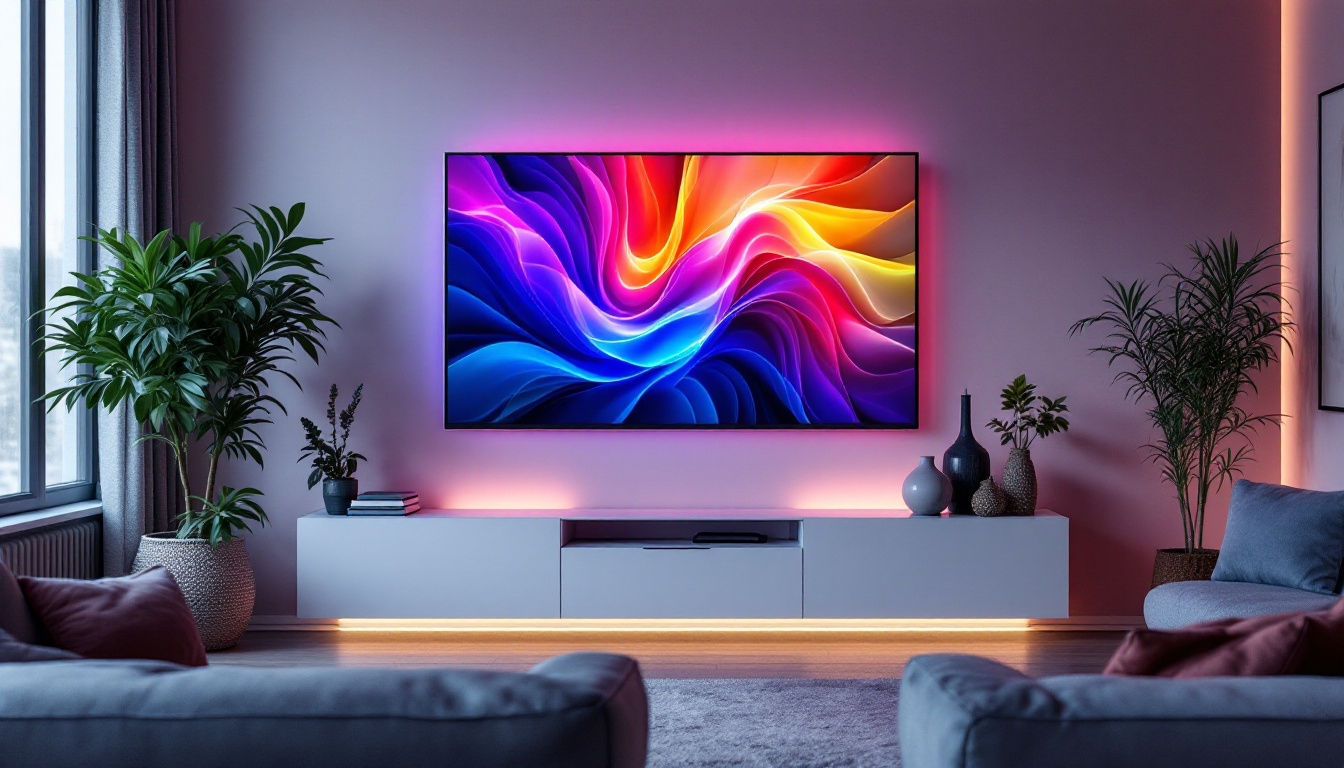 A photograph of a modern living room featuring an led tv displaying vibrant colors