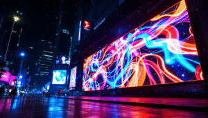 A photograph of a vibrant led display in an urban setting at night