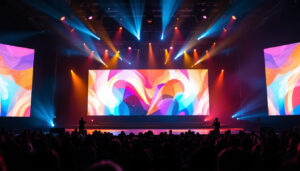 A photograph of a vibrant theatrical set featuring a large