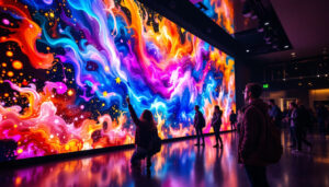 A photograph of a vibrant video wall displaying dynamic visuals in a modern setting