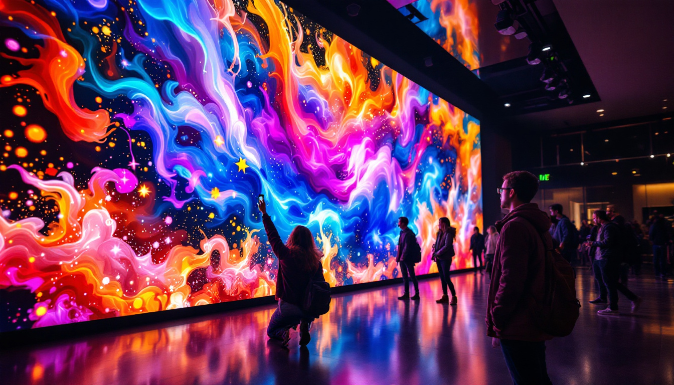 A photograph of a vibrant video wall displaying dynamic visuals in a modern setting