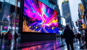 A photograph of a vibrant eager led display screen in action