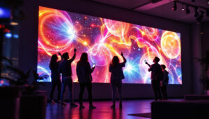 A photograph of capture a photograph of a vibrant interactive wall projection in a modern setting