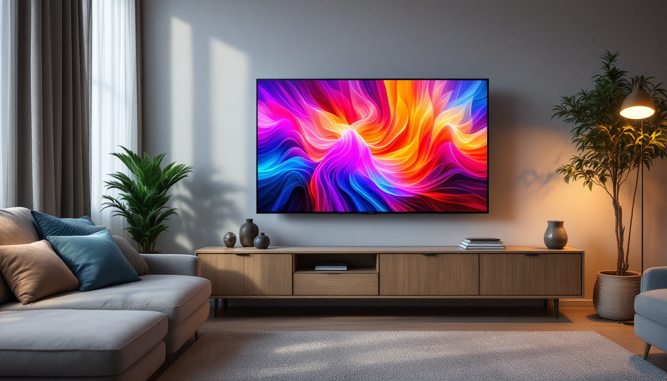 A photograph of a modern led television displaying vibrant colors in a cozy living room setting