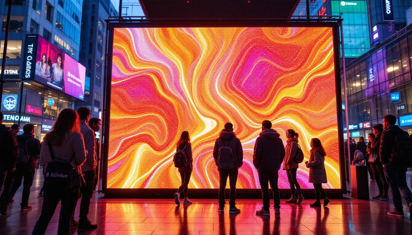 A photograph of capture a photograph of a vibrant led display in a bustling urban setting