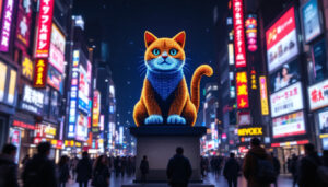 A photograph of capture a photograph of the vibrant 3d cat billboard at shinjuku station