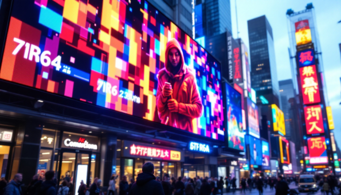 A photograph of a vibrant and expansive led display in a bustling urban setting