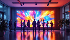 A photograph of a vibrant led wall panel in a modern setting