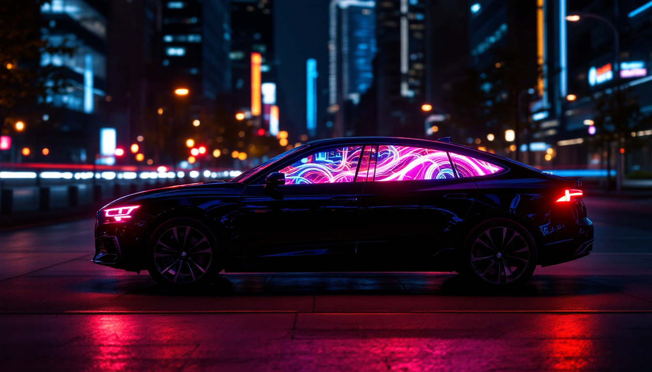 A photograph of a vibrant led car window display showcasing dynamic graphics and animations