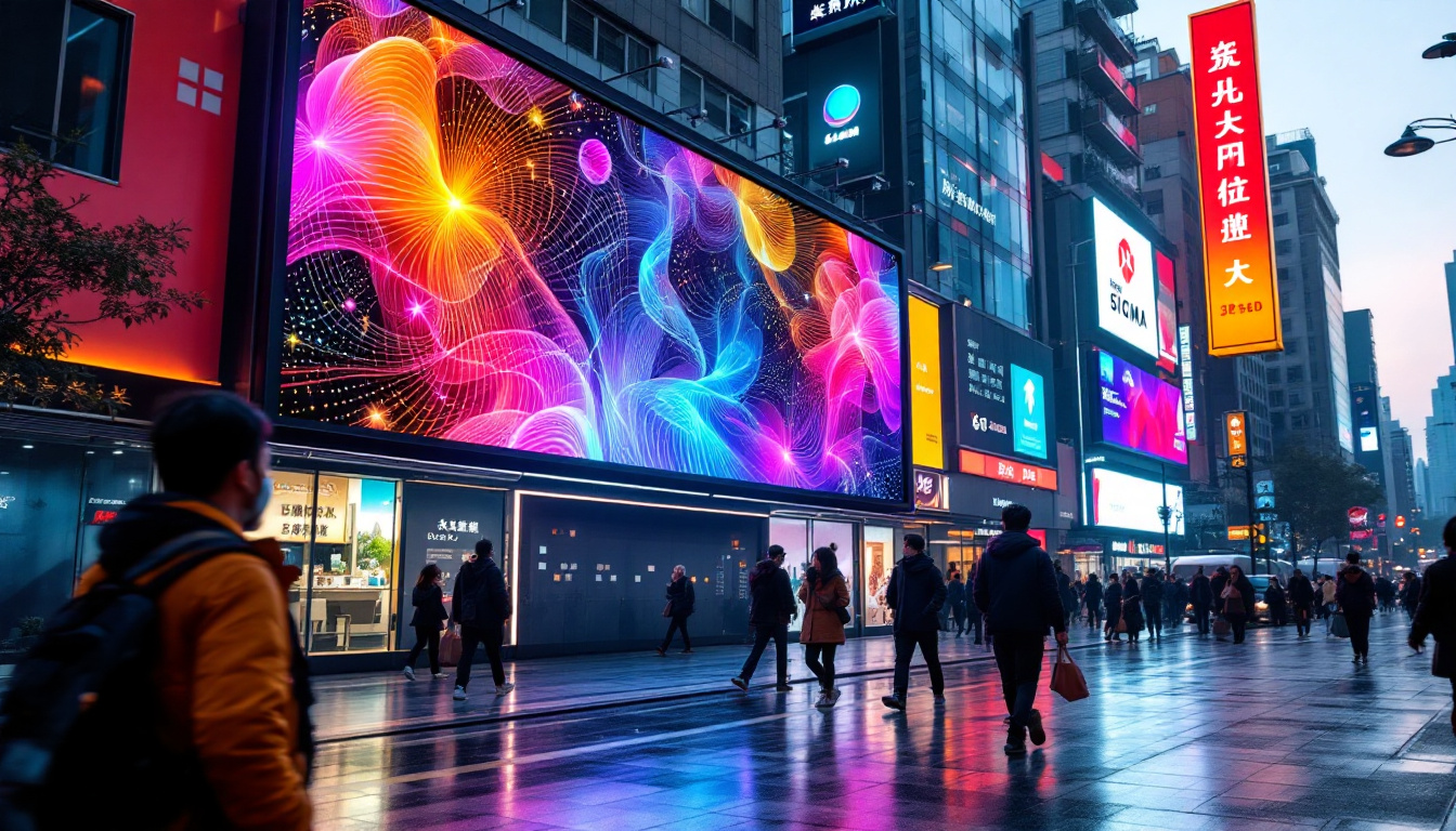 A photograph of capture a photograph of a vibrant 3d led billboard in a bustling urban setting in china