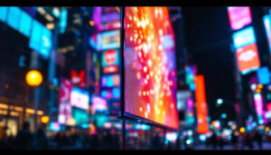 A photograph of a vibrant led display showcasing a variety of colors and brightness levels in a dynamic urban setting