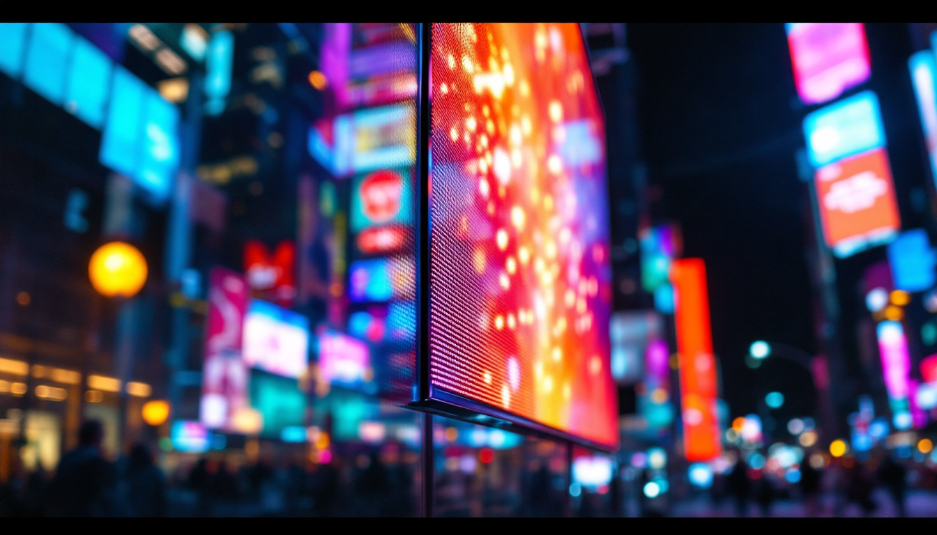 A photograph of a vibrant led display showcasing a variety of colors and brightness levels in a dynamic urban setting