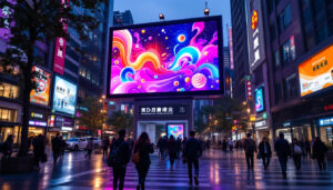 A photograph of capture a photograph of a vibrant 5d led billboard in a bustling urban setting in china