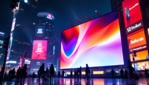 A photograph of capture a photograph of a vibrant led display in a bustling urban setting