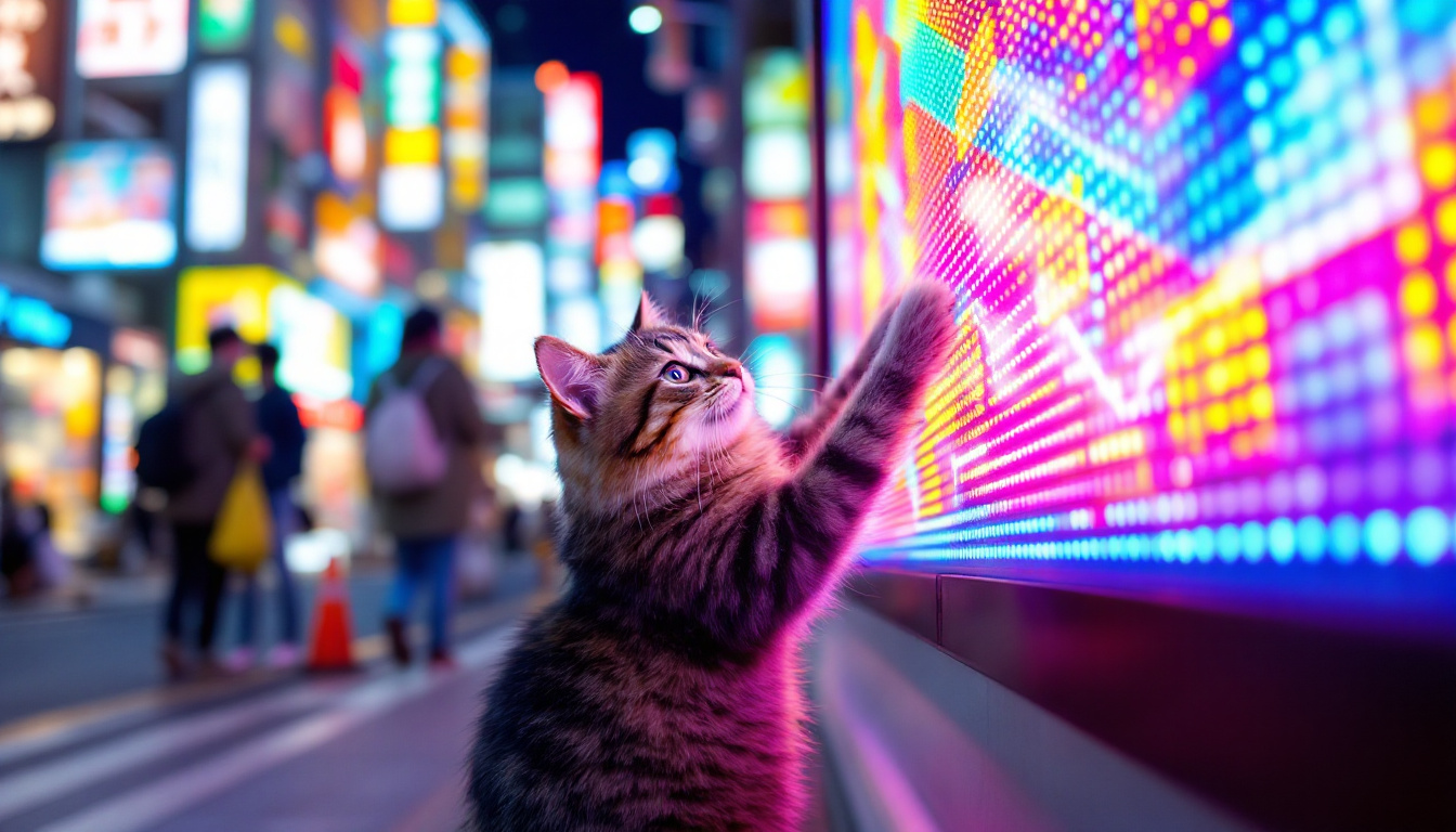 A photograph of a vibrant tokyo street scene featuring a cat playfully interacting with a colorful led display