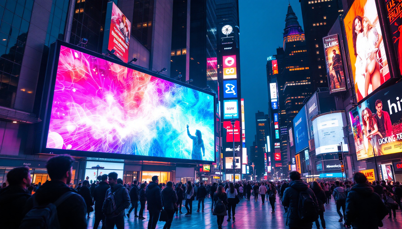 A photograph of a vibrant led display in a bustling urban setting