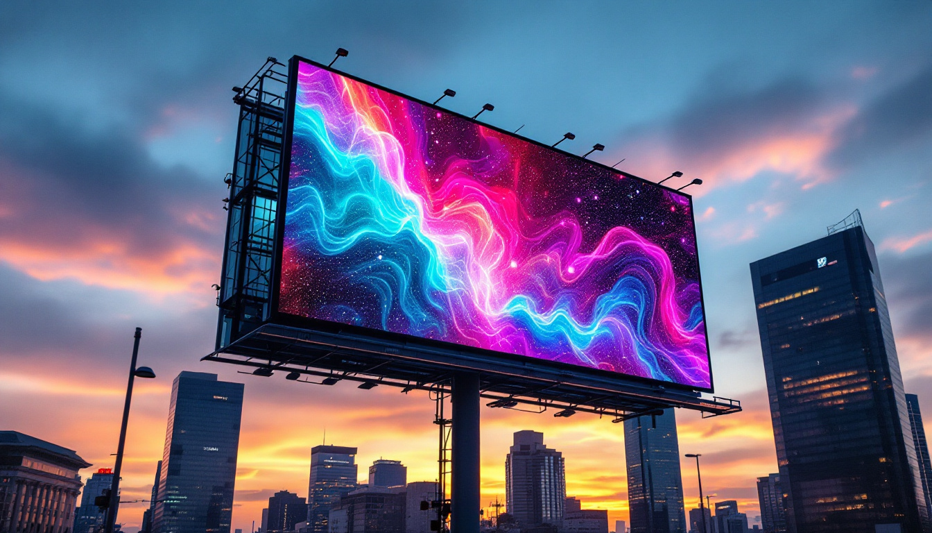 A photograph of a vibrant led billboard in an urban setting at dusk