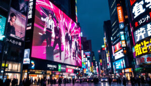 A photograph of capture a photograph of the vibrant shinjuku 3d billboard in action during the evening