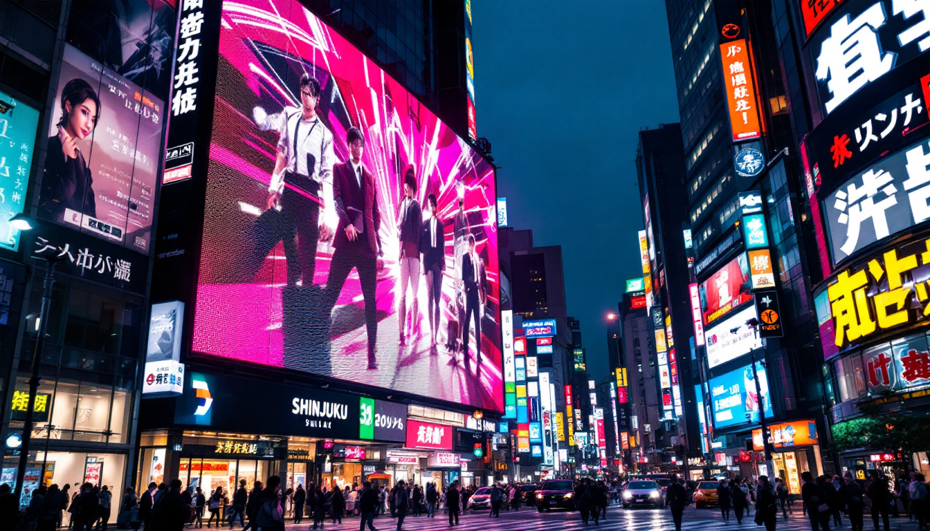 A photograph of capture a photograph of the vibrant shinjuku 3d billboard in action during the evening