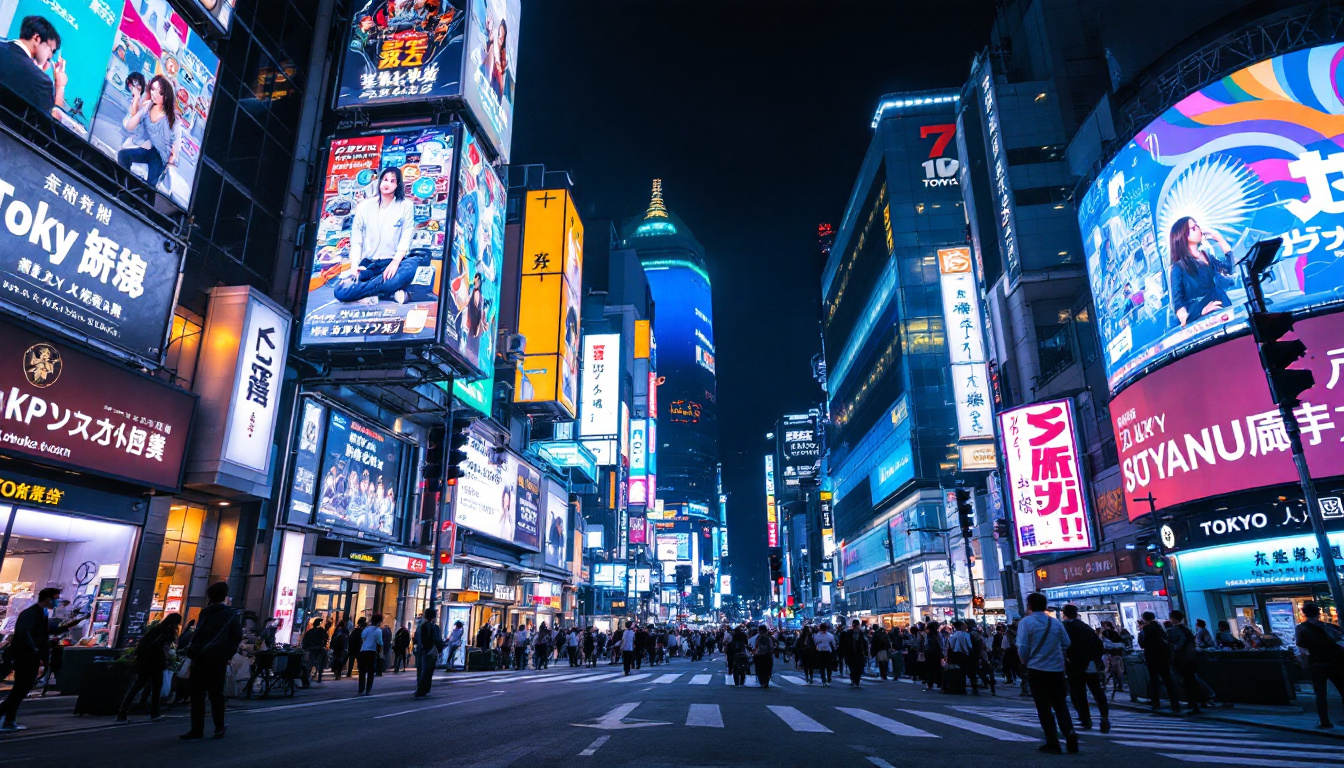 A photograph of capture a photograph of a vibrant tokyo street scene at night