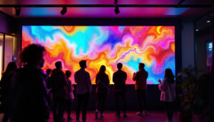A photograph of a vibrant led wall display in a dynamic setting