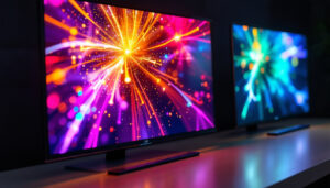 A photograph of a side-by-side comparison of a vibrant led display