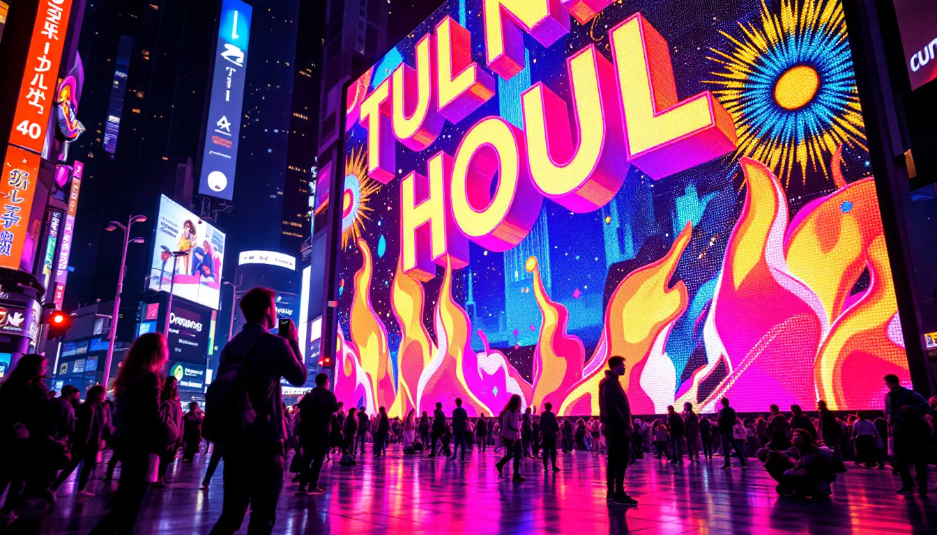 A photograph of a vibrant led display in a bustling urban environment