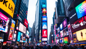A photograph of capture a photograph of the vibrant led displays at clear channel times square