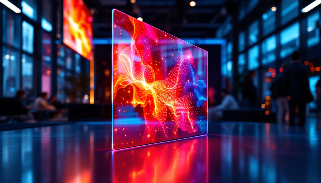 A photograph of a transparent screen film showcasing an led display in a modern setting