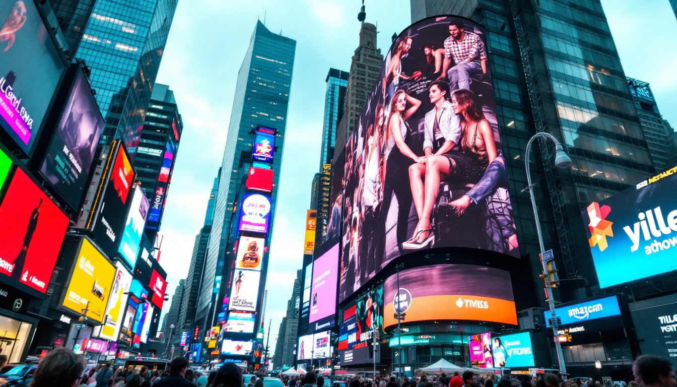 A photograph of capture a photograph of a vibrant times square scene showcasing a prominent led billboard in action