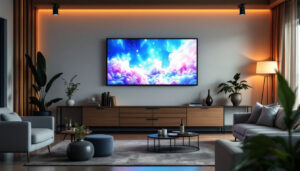 A photograph of a stylish living room featuring a vibrant led digital display board prominently showcasing customizable messages or artwork
