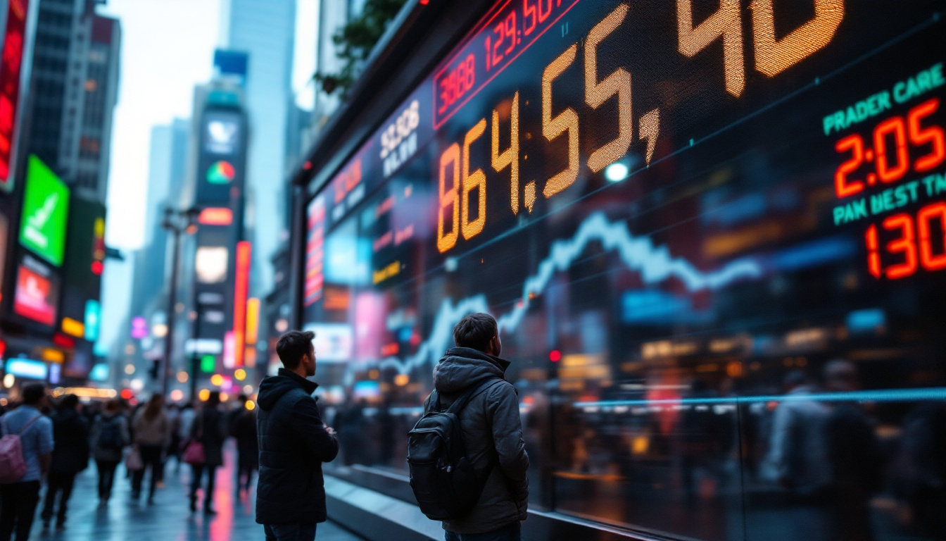 A photograph of a vibrant stock ticker display in a bustling financial district