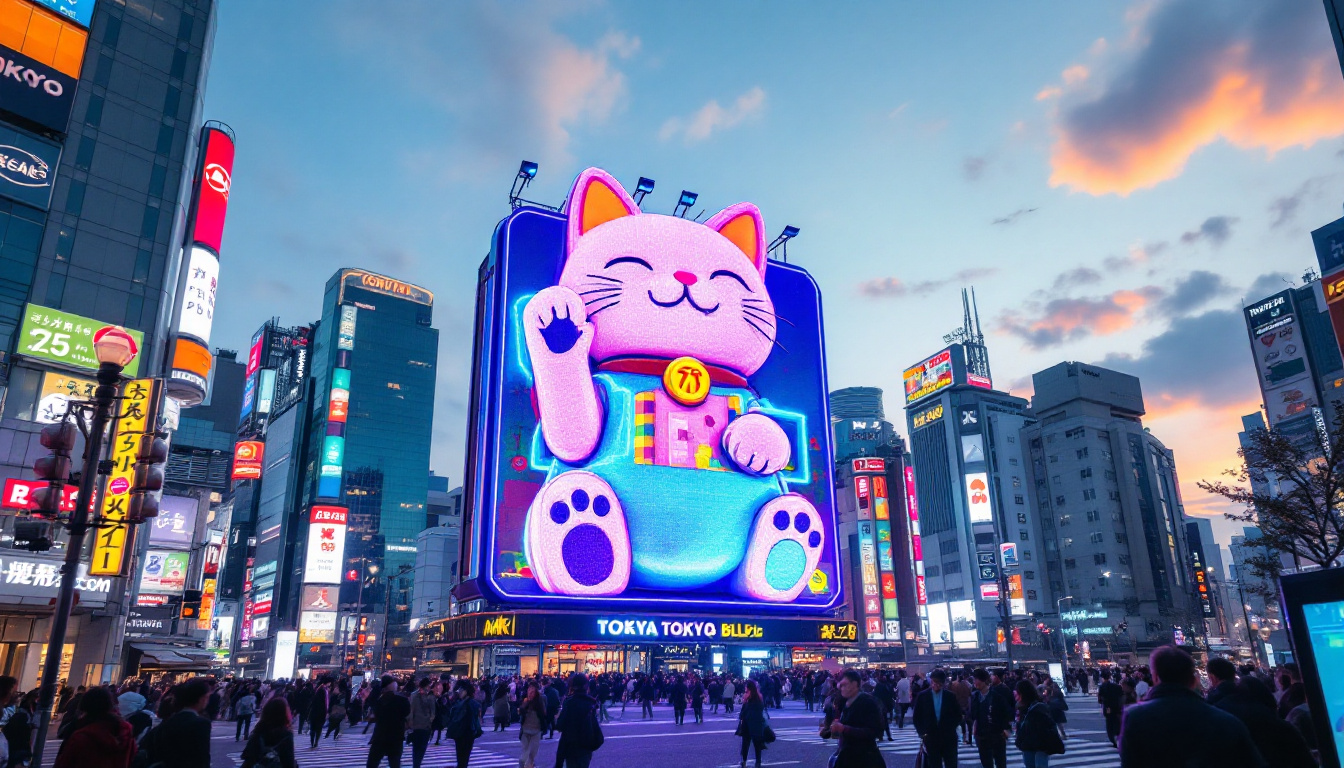 A photograph of the vibrant 3d giant cat billboard in tokyo