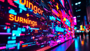 A photograph of a vibrant led display showcasing dynamic graphics and text
