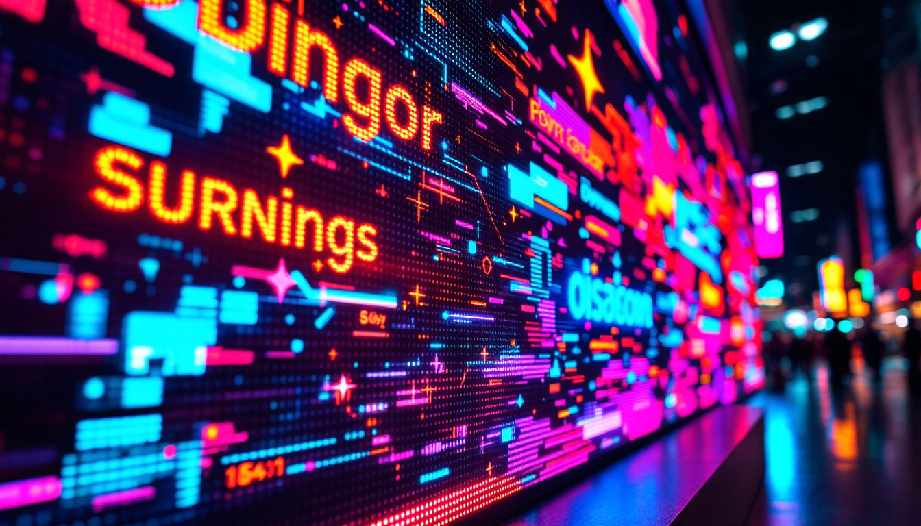 A photograph of a vibrant led display showcasing dynamic graphics and text