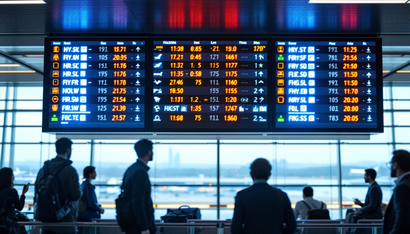A photograph of a vibrant flight display board featuring illuminated led screens showing flight information