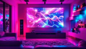 A photograph of a vibrant micro led wall in a modern setting