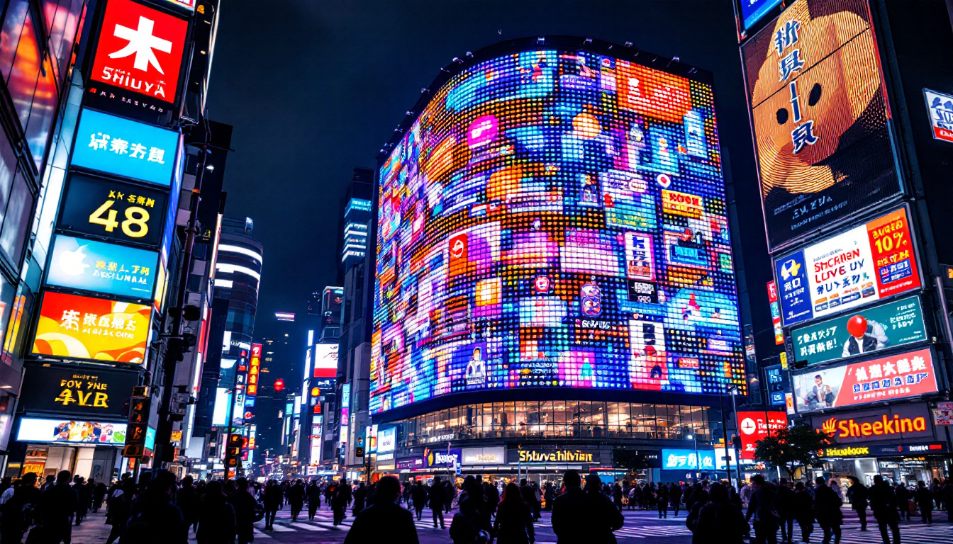 A photograph of capture a photograph of the vibrant shibuya 3d billboard illuminated at night