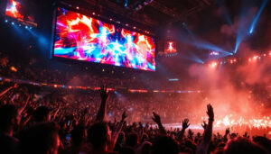 A photograph of a vibrant led video scoreboard in action during a live sporting event