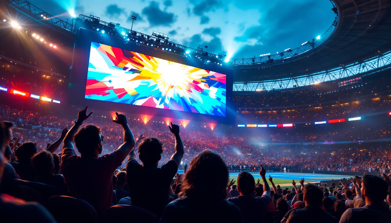 A photograph of a vibrant stadium scene showcasing a large led jumbotron in action