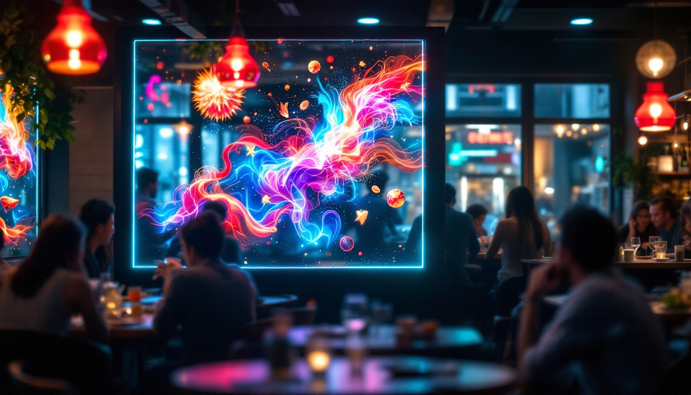 A photograph of a vibrant led display board in a bustling restaurant setting