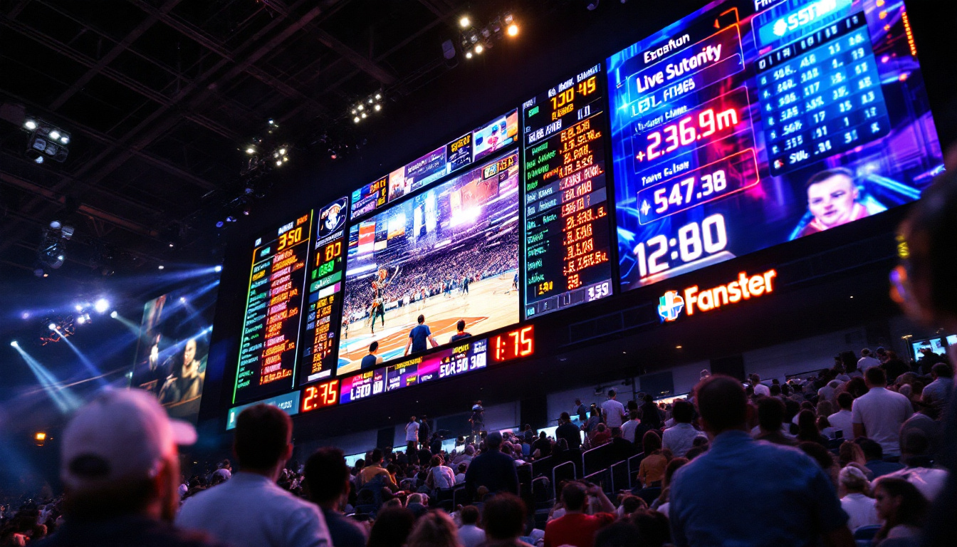 A photograph of a vibrant led digital scoreboard in use at a sports event