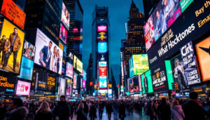 A photograph of capture a photograph of the vibrant times square scene at dusk