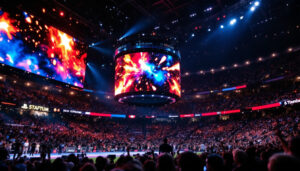 A photograph of a vibrant stadium scoreboard displaying a dynamic led graphic during an exciting moment of a live sporting event