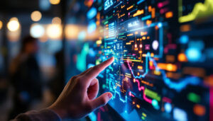 A photograph of a close-up shot of a vibrant led touchscreen in use
