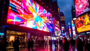 A photograph of a vibrant led display in a bustling urban setting