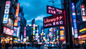 A photograph of capture a photograph of a vibrant led street sign in tokyo