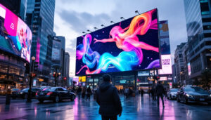 A photograph of a vibrant electronic billboard displaying dynamic advertisements in an urban setting